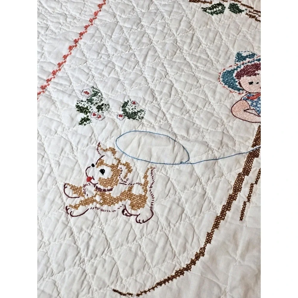 Vintage‎ 1930s Hand Quilted Crib Blanket Nursery Wall Decor Quilt Story Children